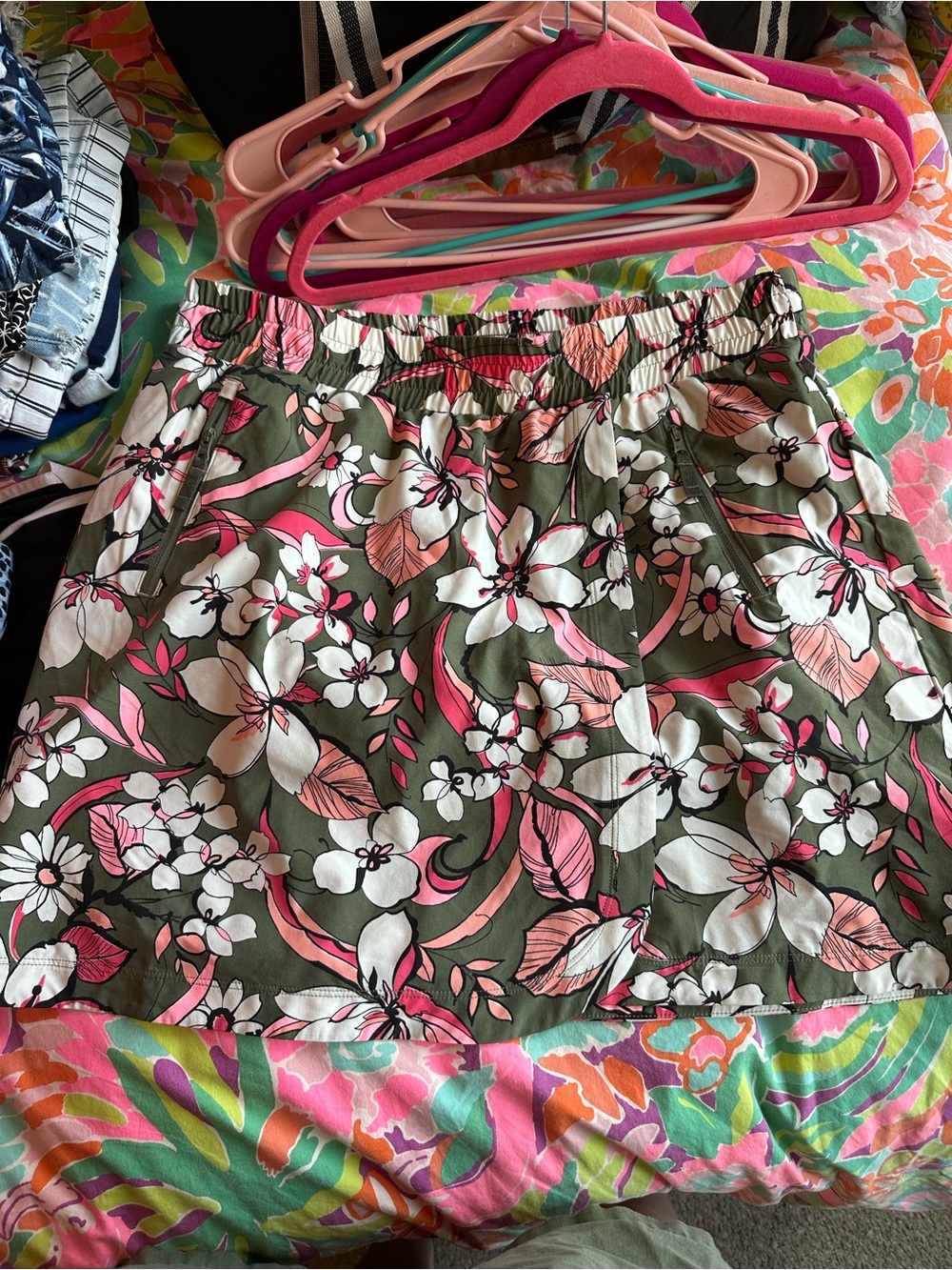Talbots Olive Mini Skort with Pink & White Floral Print